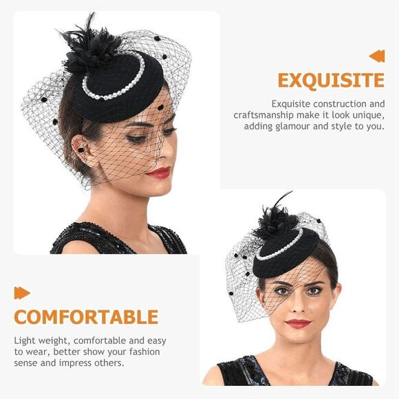 🖤 Pinup Accessory 1950s Retro Vintage Fascinator Black Pillbox Pearl Veil Hat - Picture 9 of 9